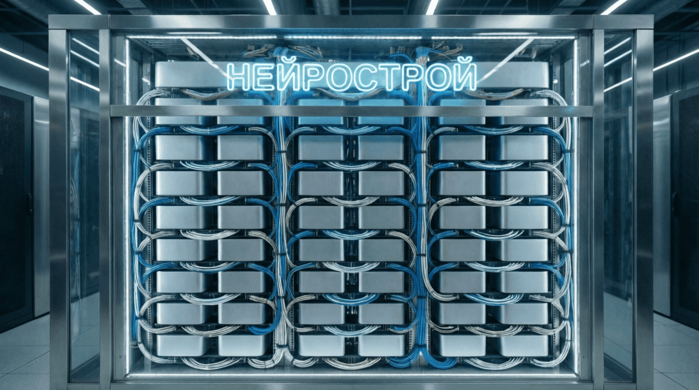 Кластер НейроСтрой: три колонны блоков Mac Studio в стеклянной стойке, соединённые жгутами кабелей, с неоновой вывеской «НЕЙРОСТРОЙ»